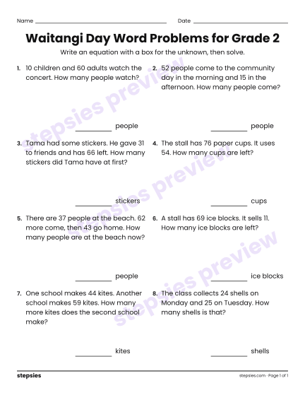 Waitangi Day Word Problems for Grade 2, a free printable worksheet from Stepsies (Grade 2 Math)