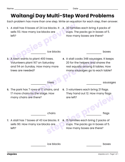 Waitangi Day Multi-Step Word Problems, a free printable worksheet from Stepsies (Grade 4 Math)