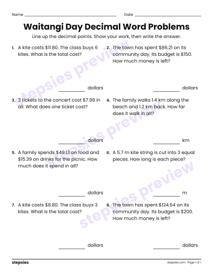 Waitangi Day Decimal Word Problems, a free printable worksheet from Stepsies (Grade 5 Math)