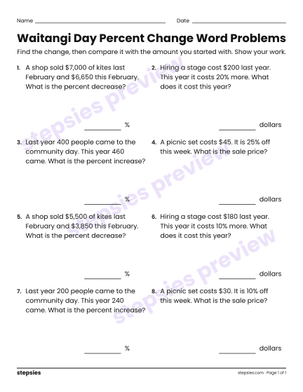 Waitangi Day Percent Change Word Problems, a free printable worksheet from Stepsies (Grade 7 Math)