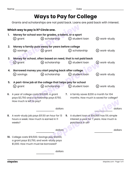 Ways to Pay for College, a free printable worksheet from Stepsies (Grade 6 Math)