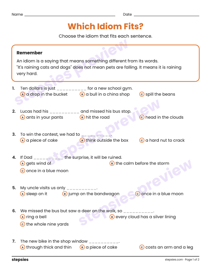 Which Idiom Fits?, a free printable worksheet from Stepsies (Grades 4–6 Language)