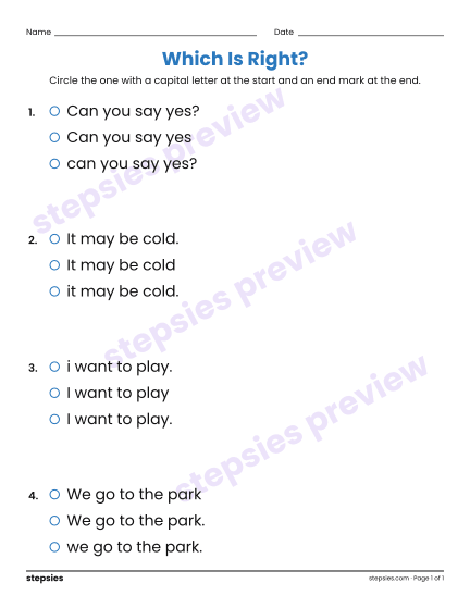 Which Is Written the Right Way?, a free printable worksheet from Stepsies (Grade 1 Language)