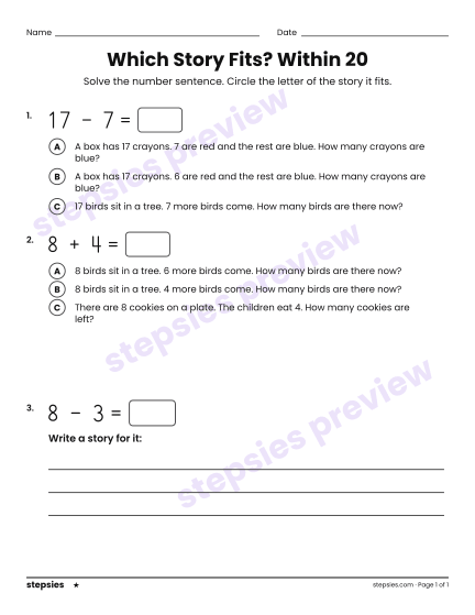 Which Story Fits? Within 20, a free printable worksheet from Stepsies (Grade 1 Math · Level 1)