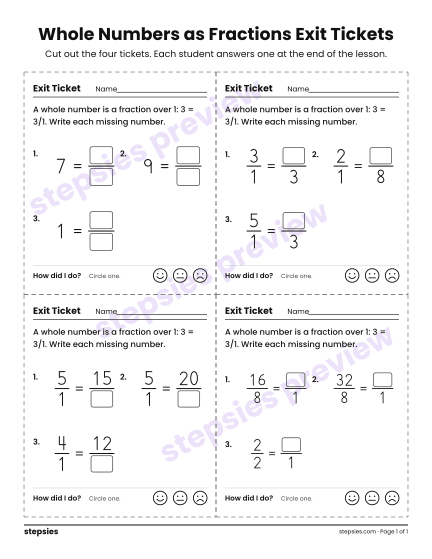 Whole Numbers as Fractions Exit Tickets, a free printable worksheet from Stepsies (Grade 3 Math)