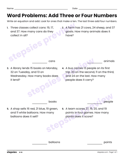 Word Problems: Add Three or Four Numbers, a free printable worksheet from Stepsies (Grade 2 Math · Level 2)