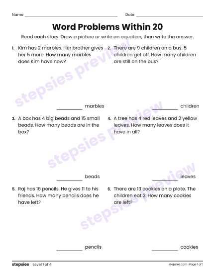 Word Problems Within 20, a free printable worksheet from Stepsies (Grade 1 Math · Level 1)