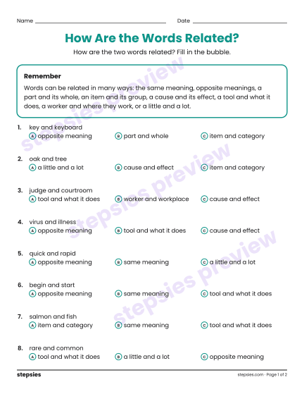 How Are the Words Related?, a free printable worksheet from Stepsies (Grades 6–8 Language · Level 2)