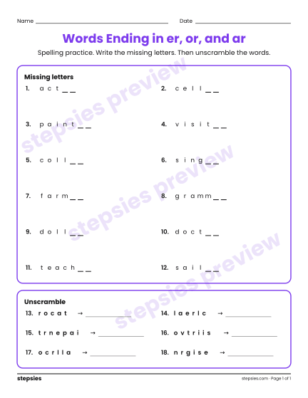Words Ending in er, or, and ar: Spelling Practice, a free printable worksheet from Stepsies (Grade 4 Language · Level 2)