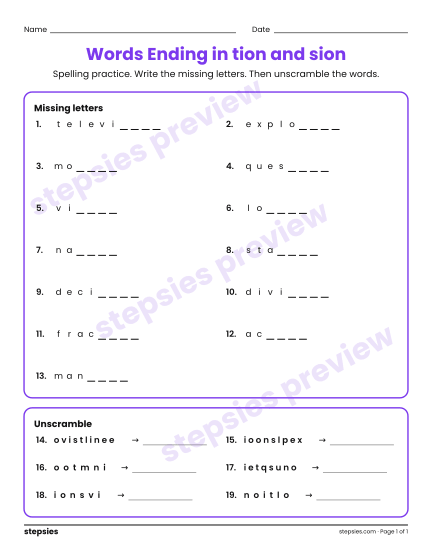 Words Ending in tion and sion: Spelling Practice, a free printable worksheet from Stepsies (Grade 4 Language · Level 2)