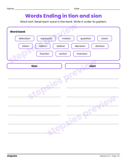 Words Ending in tion and sion: Word Sort, a free printable worksheet from Stepsies (Grade 4 Language · Level 3)