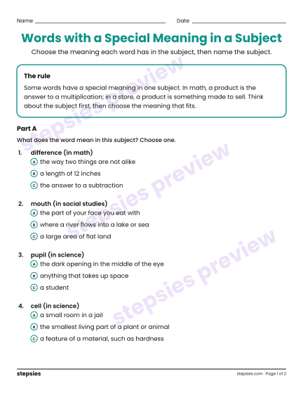 Words with a Special Meaning in a Subject, a free printable worksheet from Stepsies (Grade 5 Language · Level 3)