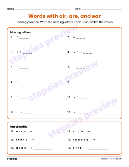 Words with air, are, and ear: Spelling Practice, a free printable worksheet from Stepsies (Grade 3 Language · Level 2)
