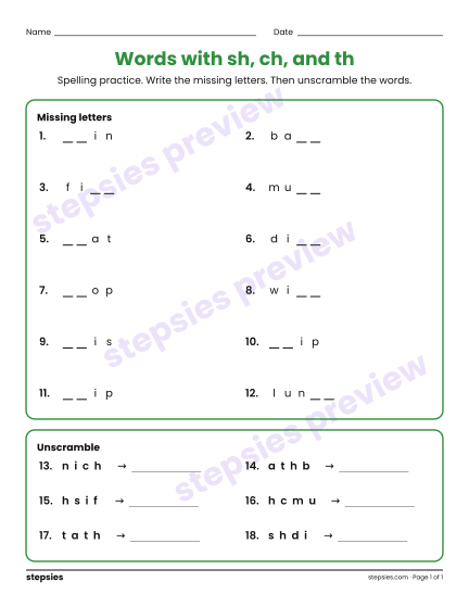 Words with sh, ch, and th: Spelling Practice, a free printable worksheet from Stepsies (Grade 1 Language · Level 2)
