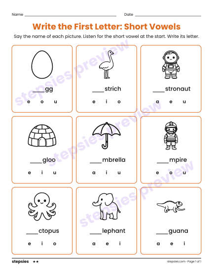 Write the First Letter: Short Vowels, a free printable worksheet from Stepsies (Grades K–1 Language · Level 2)