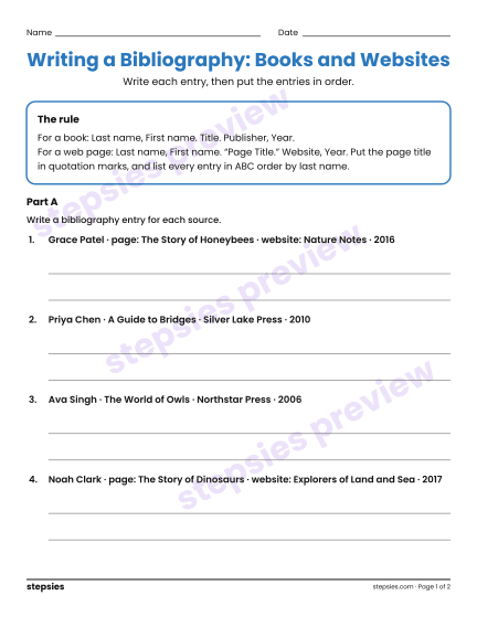 Writing a Bibliography: Books and Websites, a free printable worksheet from Stepsies (Grade 5 Language · Level 2)
