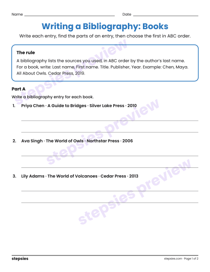 Writing a Bibliography: Books, a free printable worksheet from Stepsies (Grades 4–5 Language · Level 1)