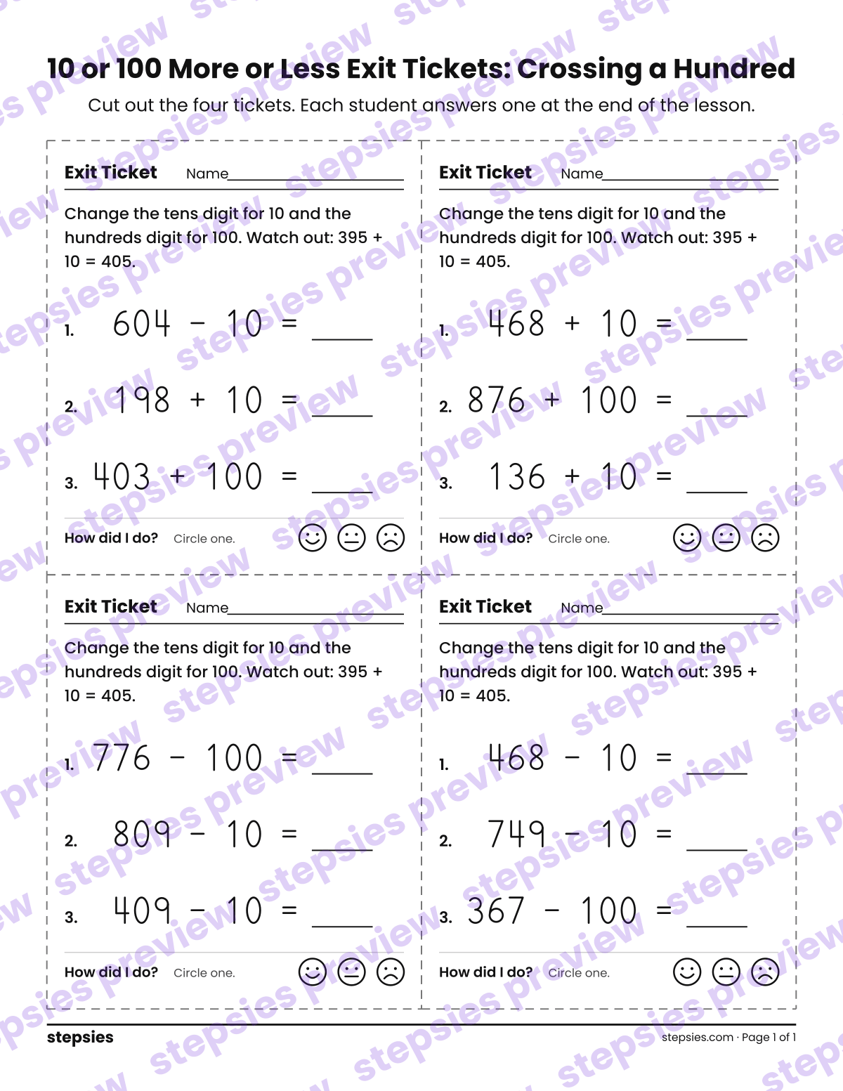 10 or 100 More or Less Exit Tickets: Crossing a Hundred: page 1 of a printable Grade 2 Math worksheet