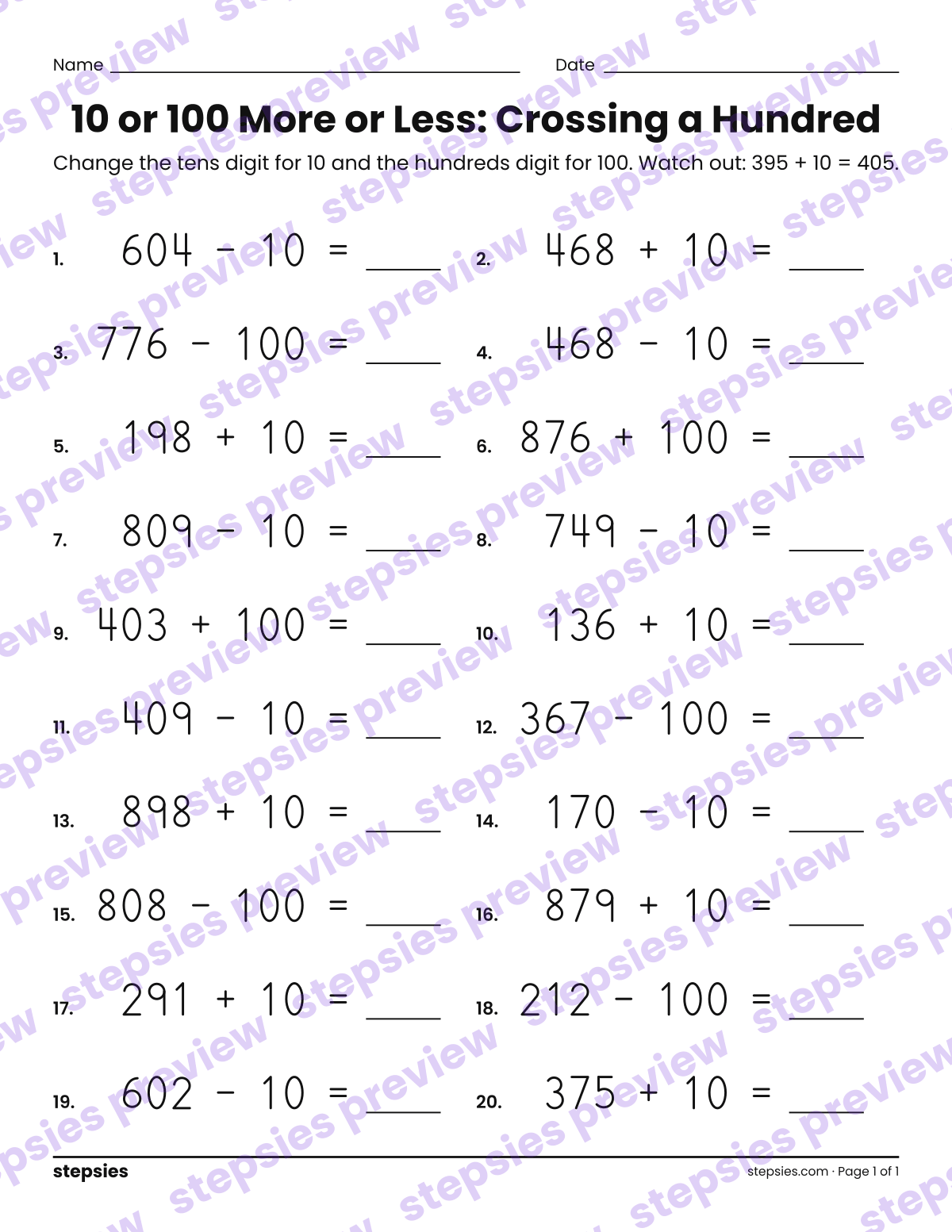 10 or 100 More or Less: Crossing a Hundred: page 1 of a printable Grade 2 Math worksheet