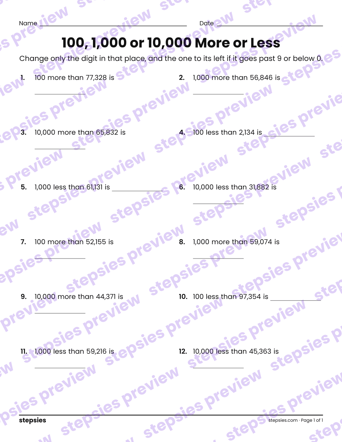 100, 1,000 or 10,000 More or Less: page 1 of a printable Grades 3 and 4 Math worksheet
