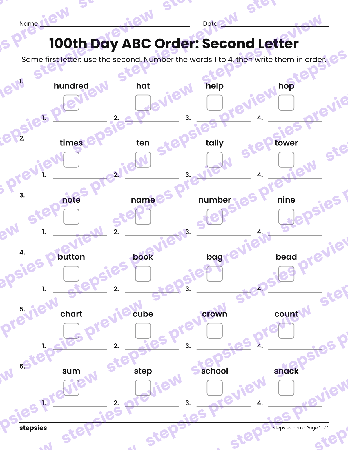 100th Day ABC Order: Second Letter: page 1 of a printable Grades 1 and 2 Language worksheet