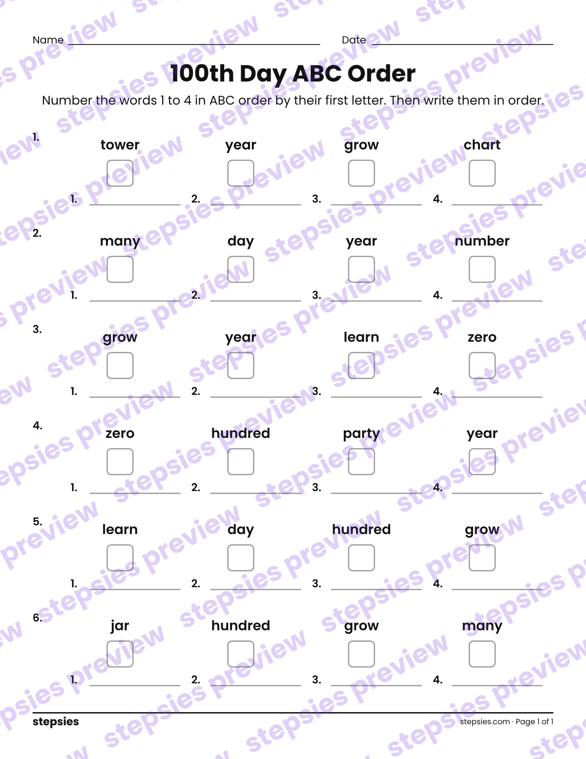 100th Day ABC Order: page 1 of a printable Grades 1 and 2 Language worksheet