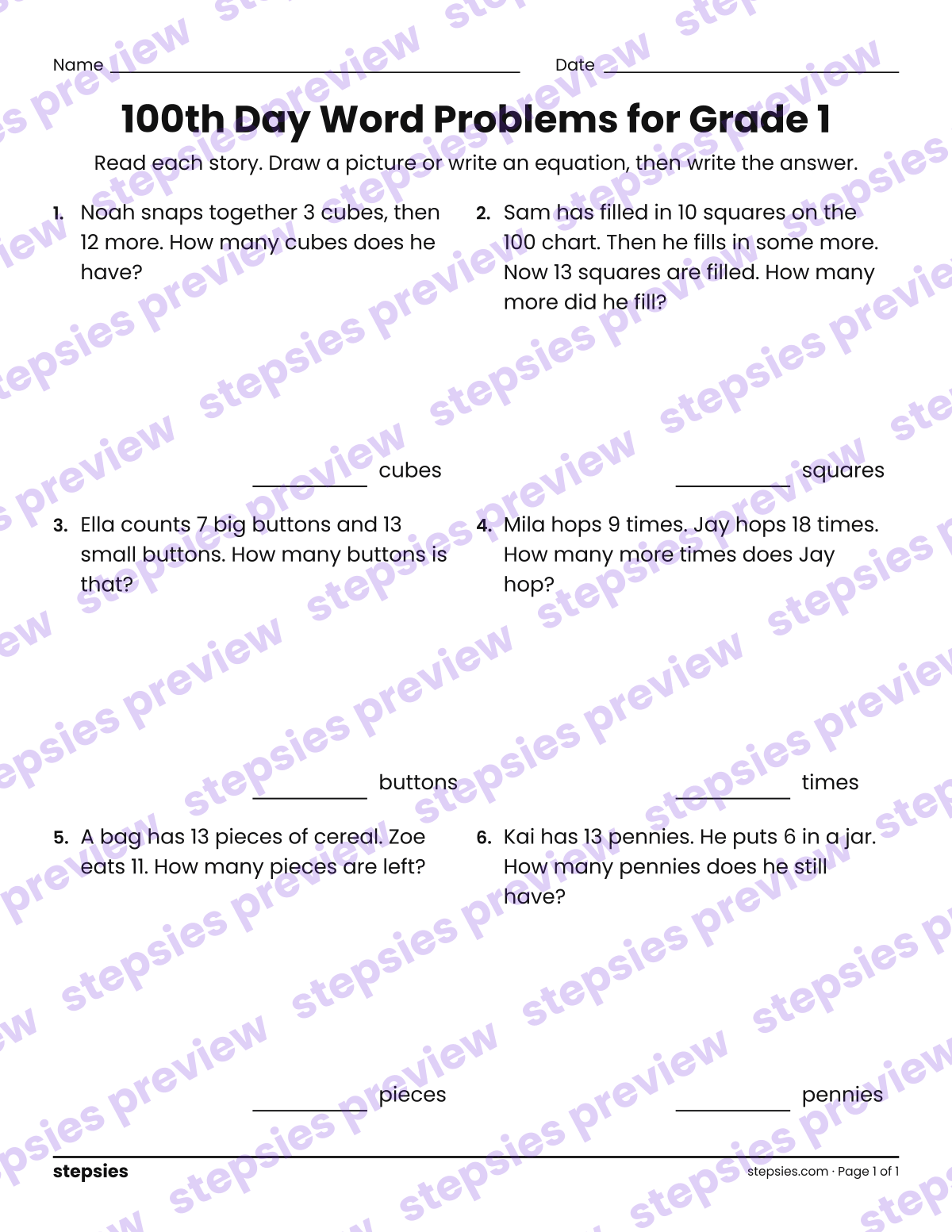 100th Day Word Problems for Grade 1: page 1 of a printable Grade 1 Math worksheet
