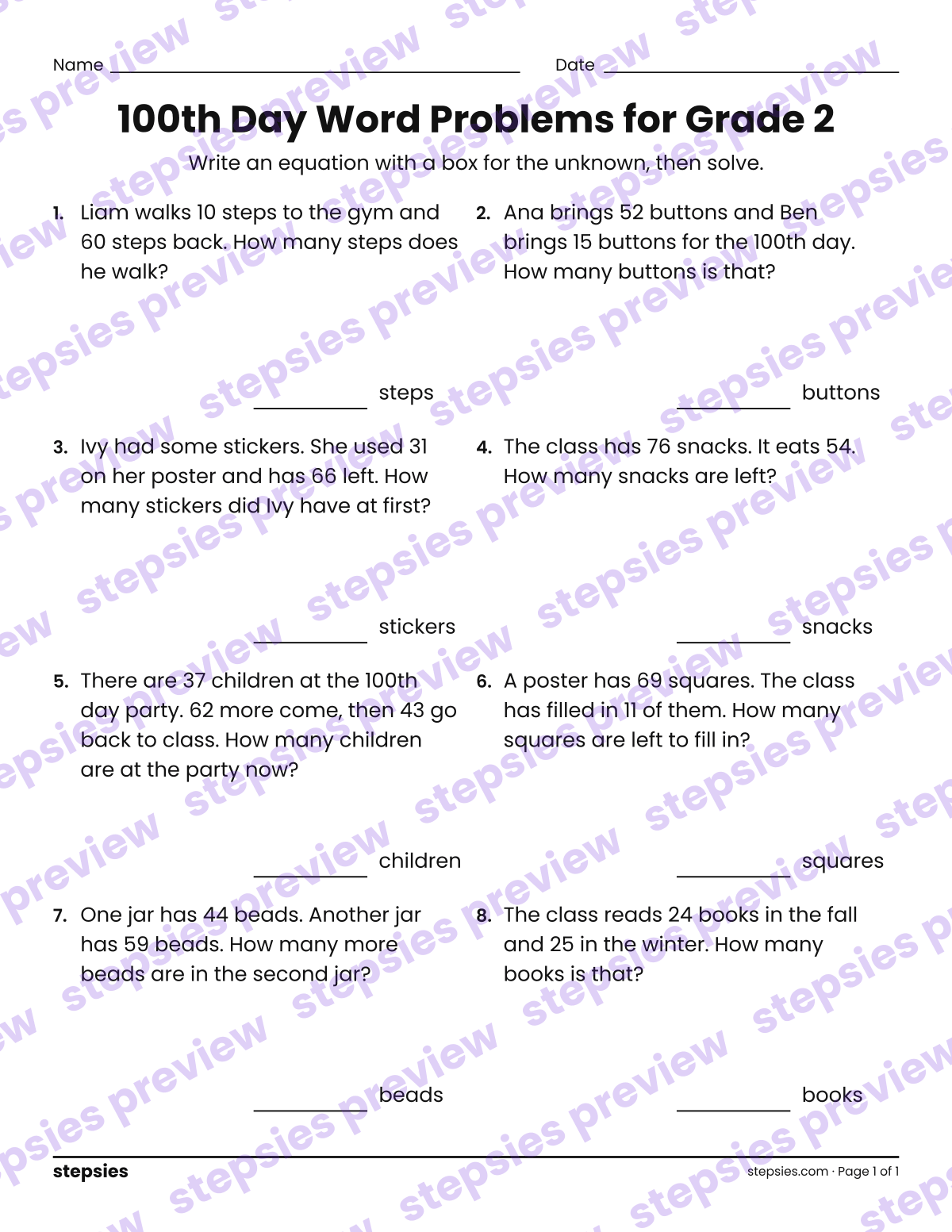 100th Day Word Problems for Grade 2: page 1 of a printable Grade 2 Math worksheet
