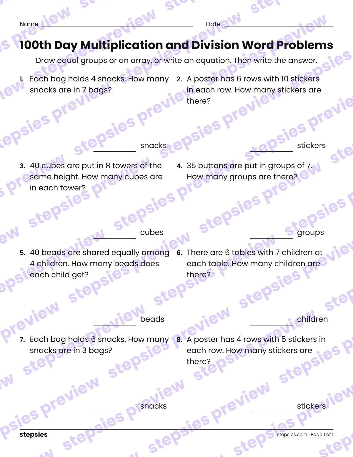 100th Day Multiplication and Division Word Problems: page 1 of a printable Grade 3 Math worksheet