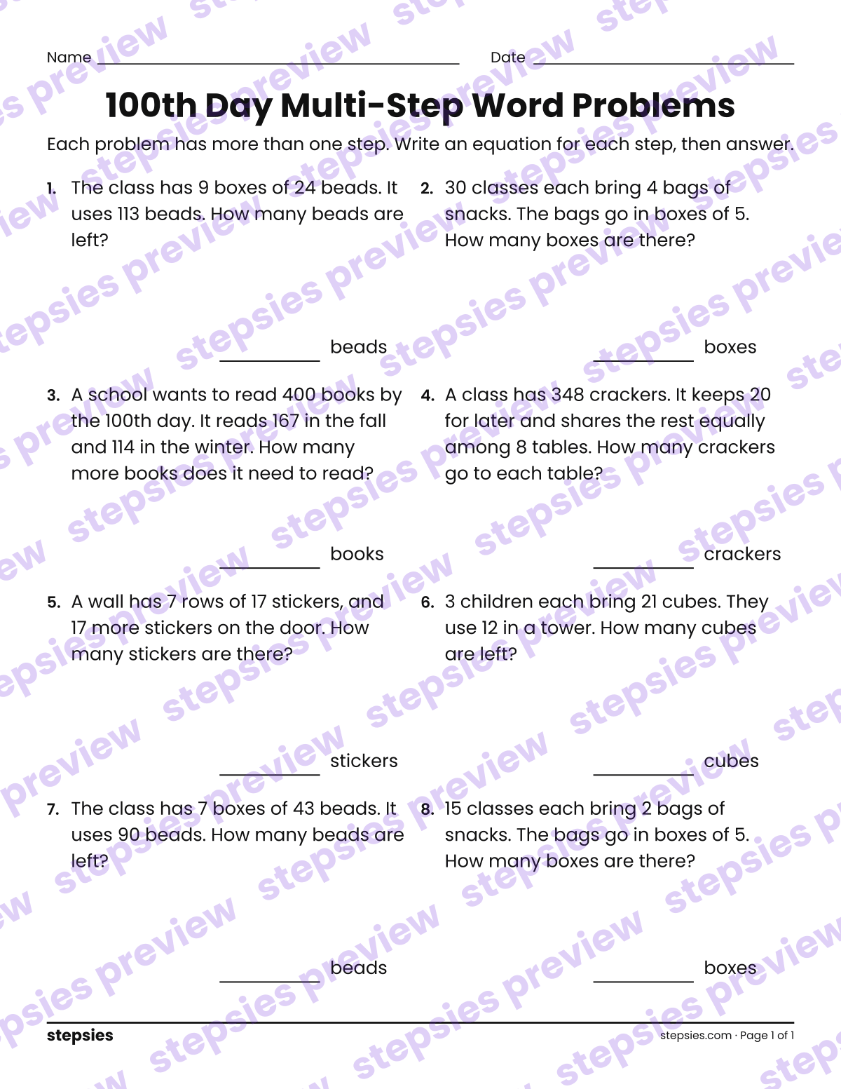 100th Day Multi-Step Word Problems: page 1 of a printable Grade 4 Math worksheet