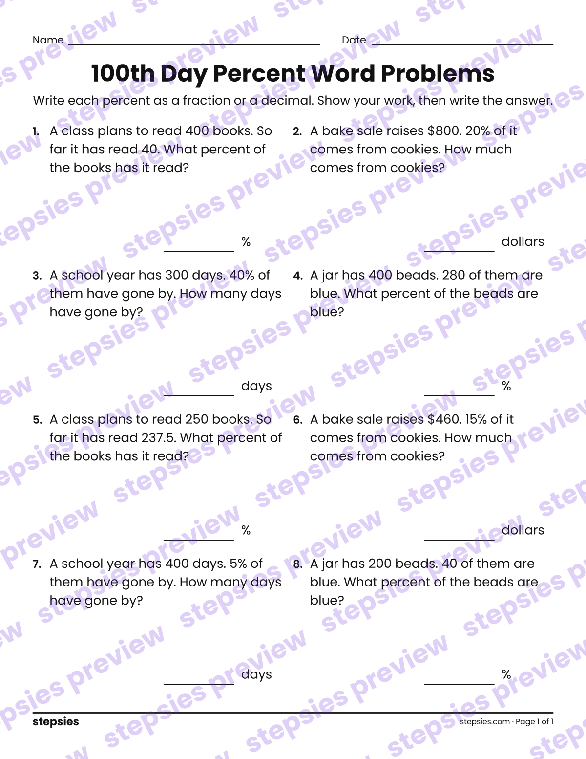 100th Day Percent Word Problems: page 1 of a printable Grade 6 Math worksheet