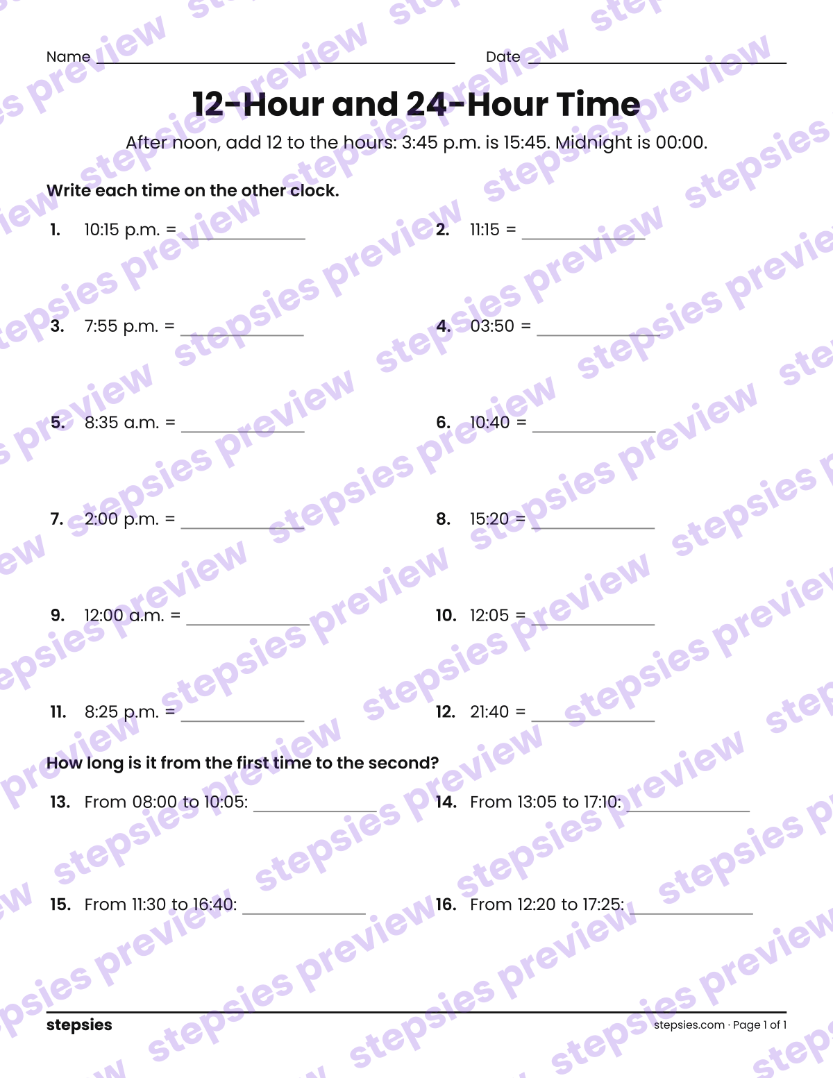 12-Hour and 24-Hour Time: page 1 of a printable Grades 4 and 5 Math worksheet