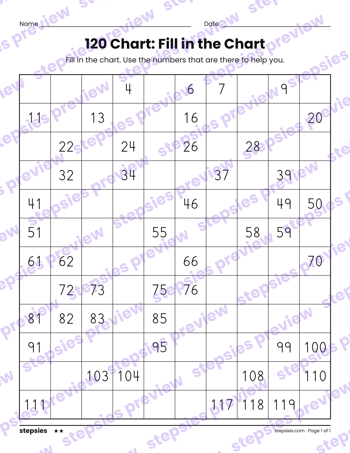 120 Chart: Fill in the Chart: page 1 of a printable Grade 1 Math worksheet
