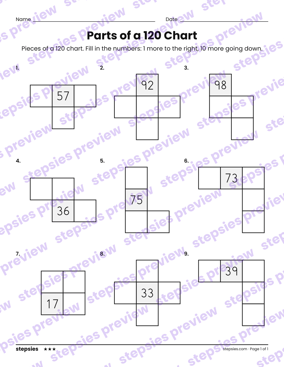 Parts of a 120 Chart: page 1 of a printable Grade 1 Math worksheet