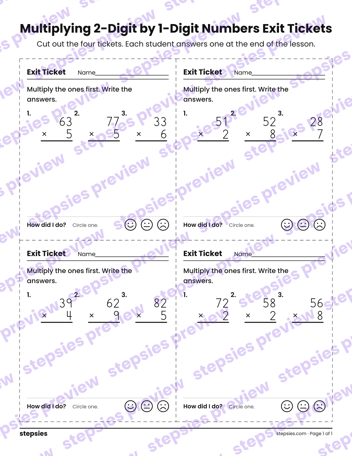 Multiplying 2-Digit by 1-Digit Numbers Exit Tickets: page 1 of a printable Grades 3 and 4 Math worksheet