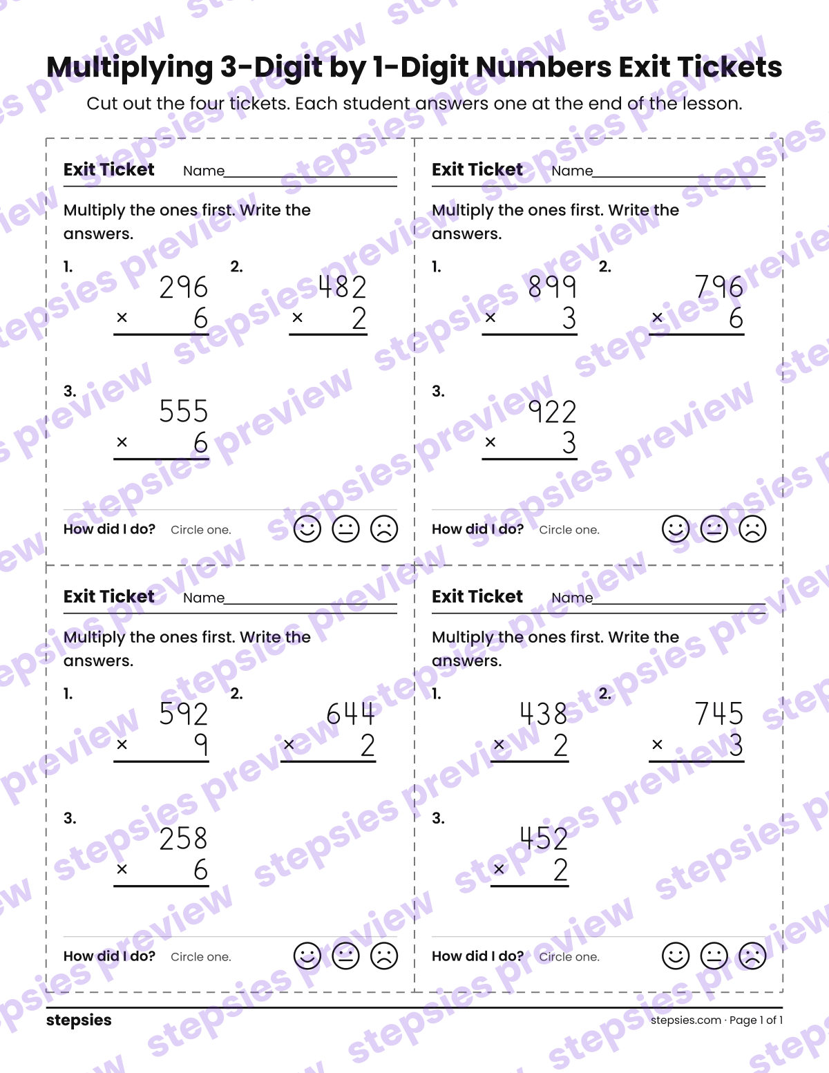 Multiplying 3-Digit by 1-Digit Numbers Exit Tickets: page 1 of a printable Grade 4 Math worksheet