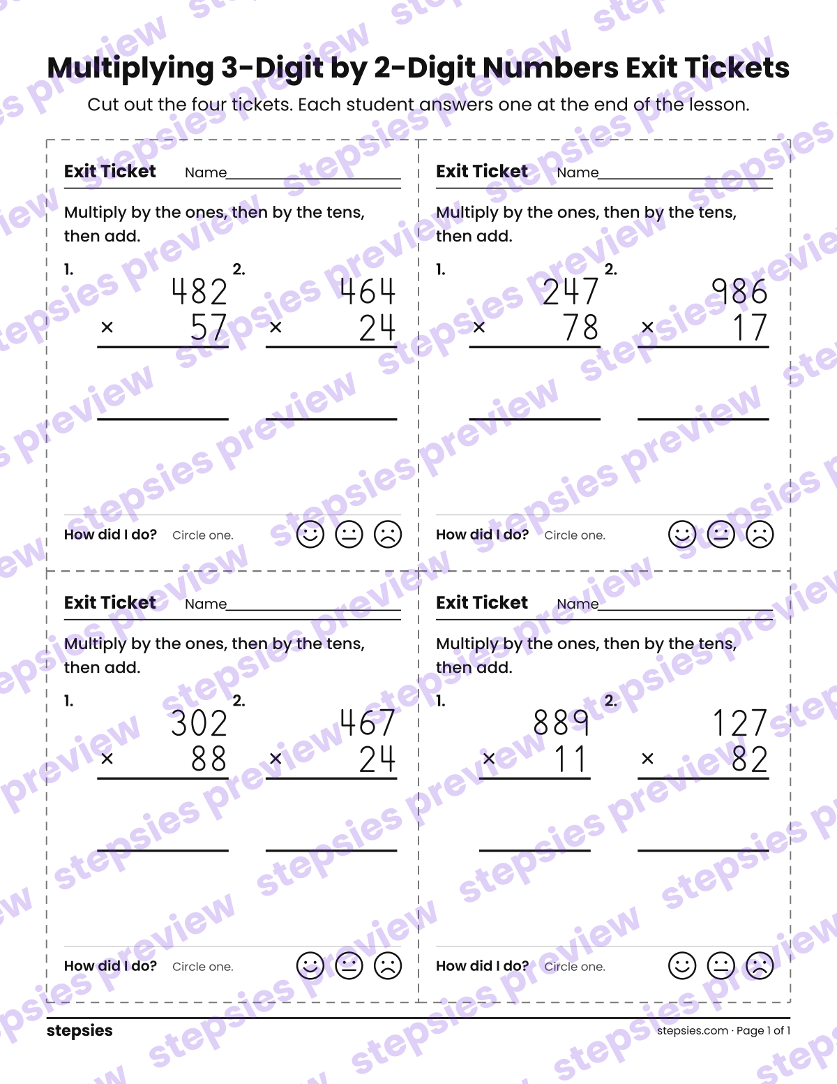 Multiplying 3-Digit by 2-Digit Numbers Exit Tickets: page 1 of a printable Grade 5 Math worksheet