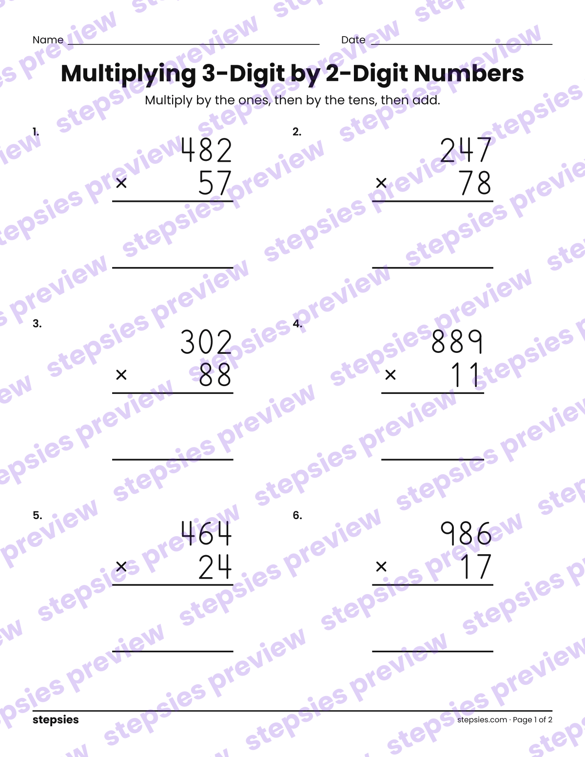 Multiplying 3-Digit by 2-Digit Numbers: page 1 of a printable Grade 5 Math worksheet