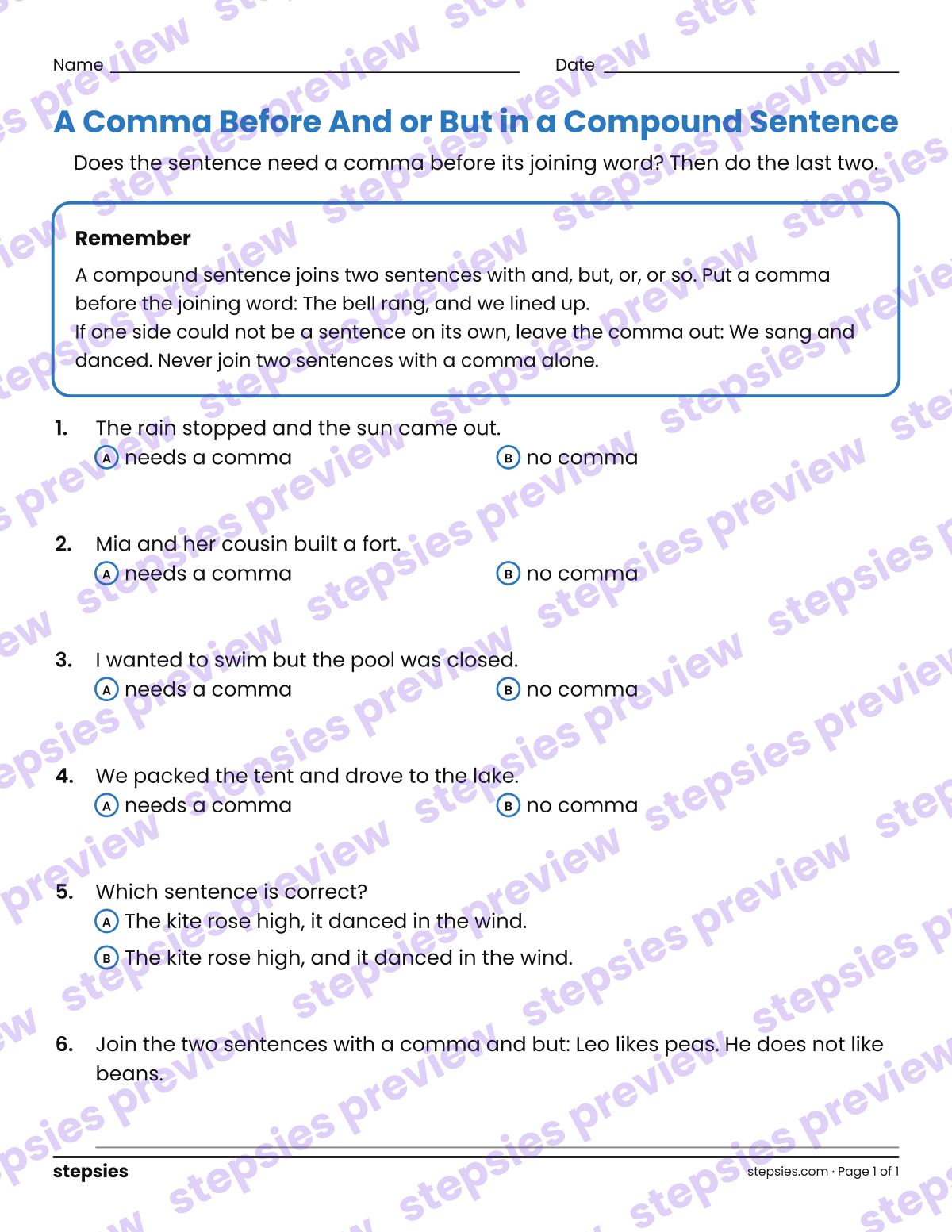 A Comma Before And or But in a Compound Sentence: page 1 of a printable Grades 3–5 Language worksheet