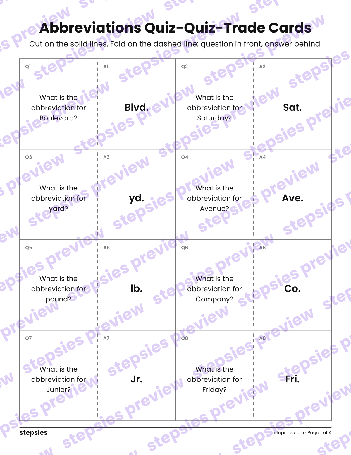 Abbreviations: Quiz-Quiz-Trade Cards: page 1 of a printable Grade 3 Language worksheet