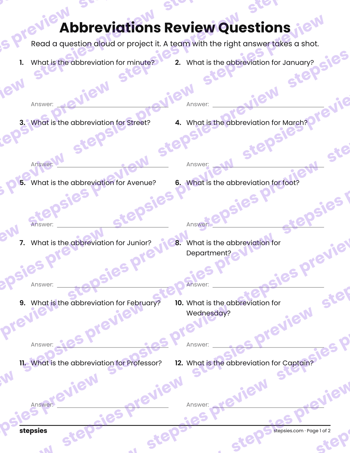 Abbreviations: Trashketball Review Questions: page 1 of a printable Grade 3 Language worksheet