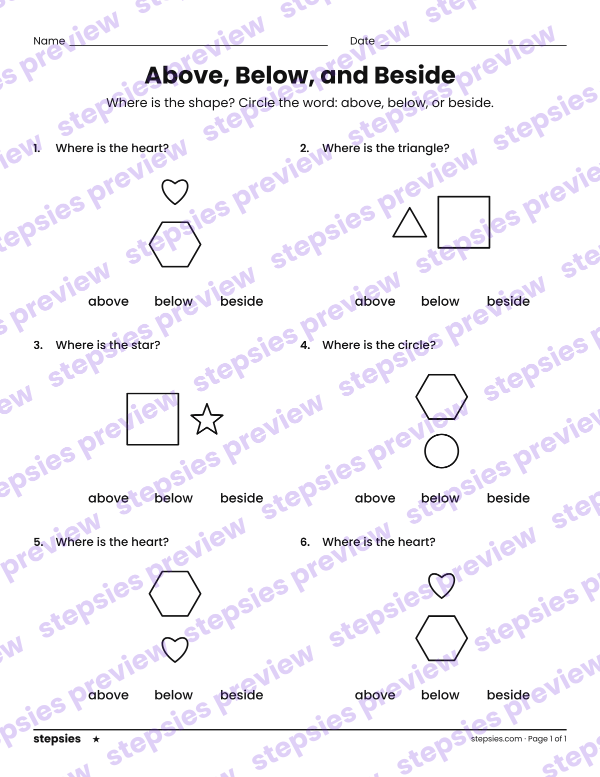 Above, Below, and Beside: page 1 of a printable Kindergarten and Grade 1 Math worksheet