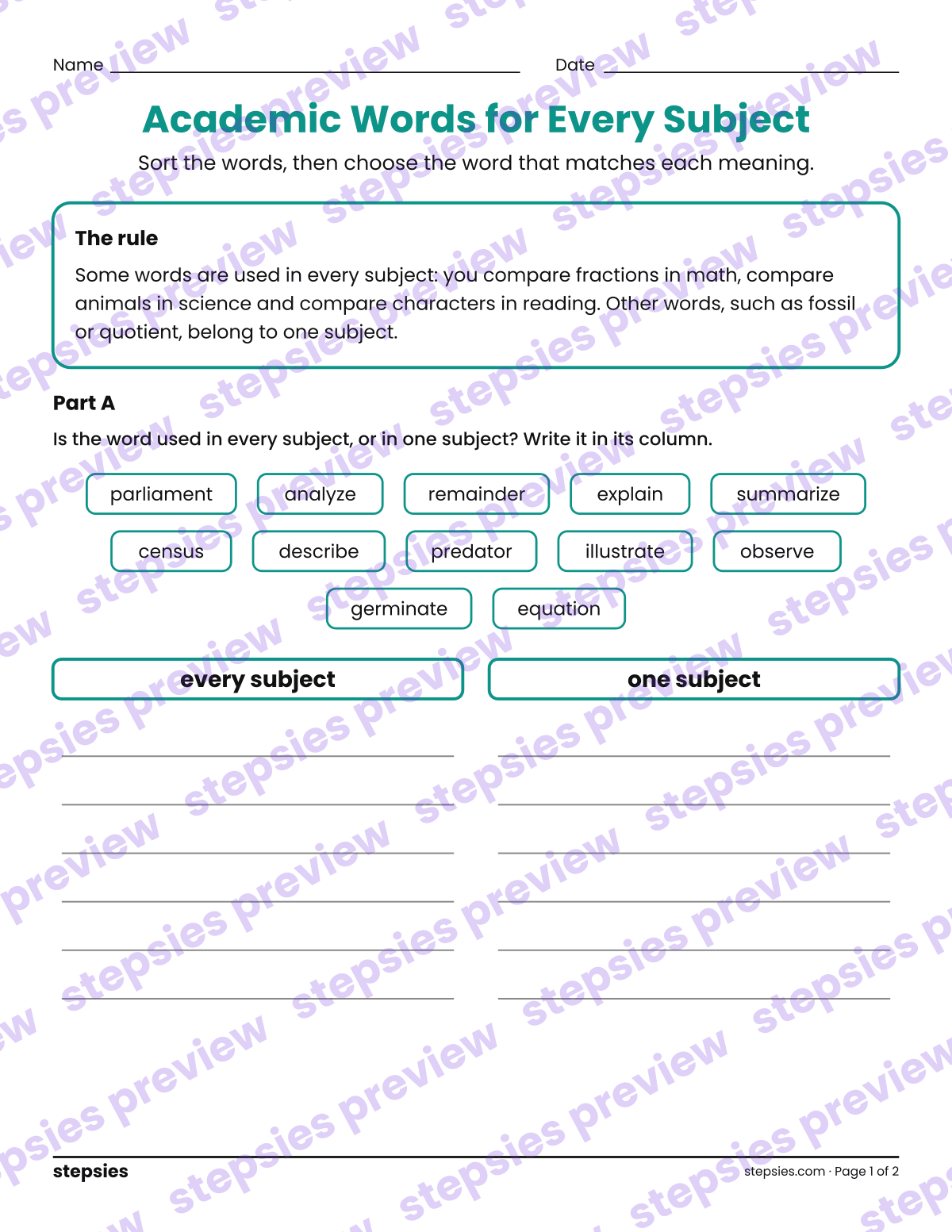 Academic Words for Every Subject: page 1 of a printable Grades 4 and 5 Language worksheet