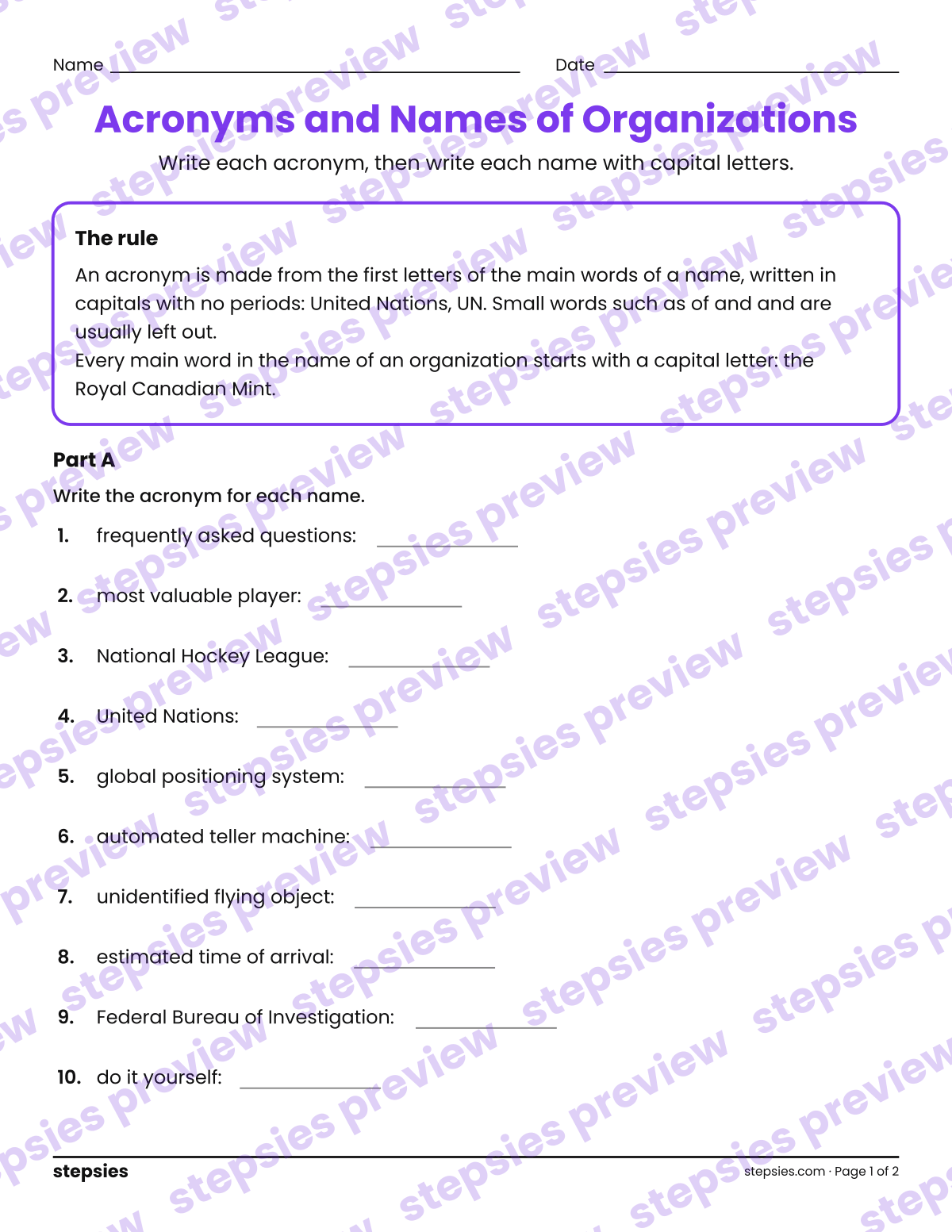 Acronyms and Names of Organizations: page 1 of a printable Grade 5 Language worksheet