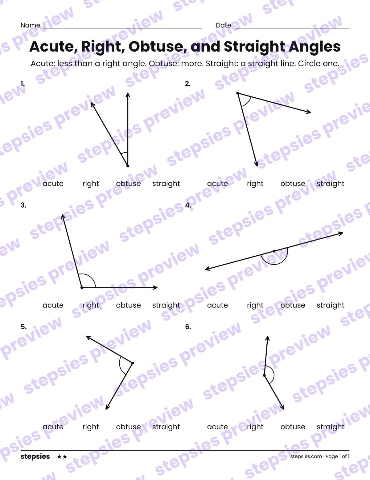 Acute, Right, Obtuse, and Straight Angles: page 1 of a printable Grade 3 Math worksheet