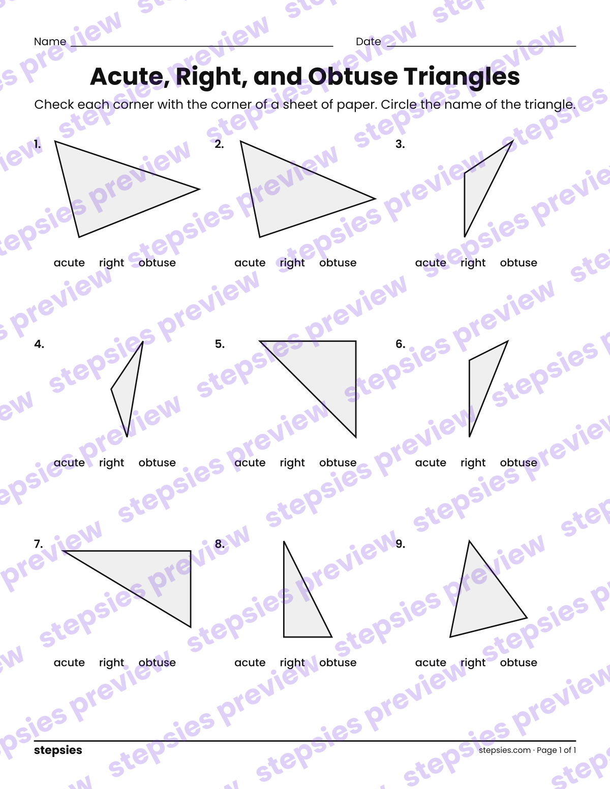 Acute, Right, and Obtuse Triangles: page 1 of a printable Grade 4 Math worksheet