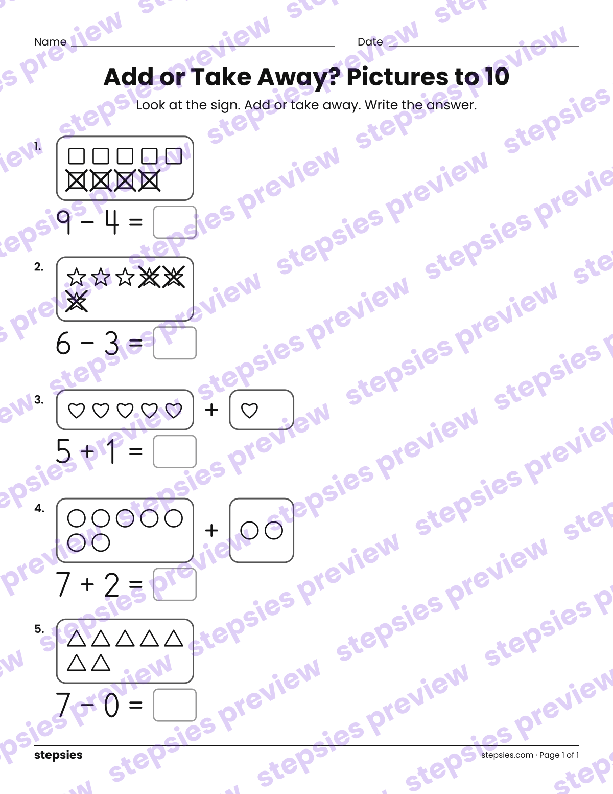 Add or Take Away? Pictures to 10: page 1 of a printable Kindergarten Math worksheet