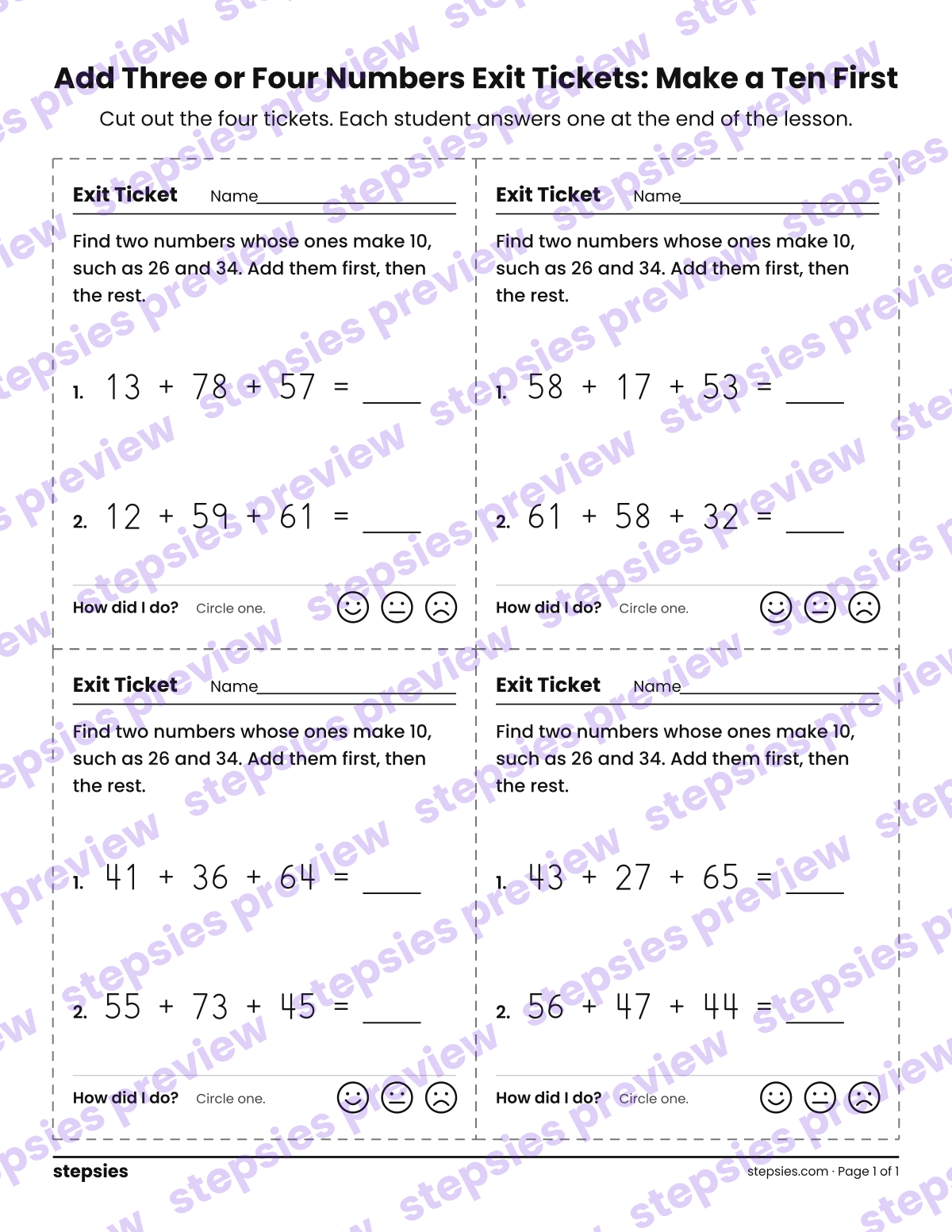 Add Three or Four Numbers Exit Tickets: Make a Ten First: page 1 of a printable Grade 2 Math worksheet