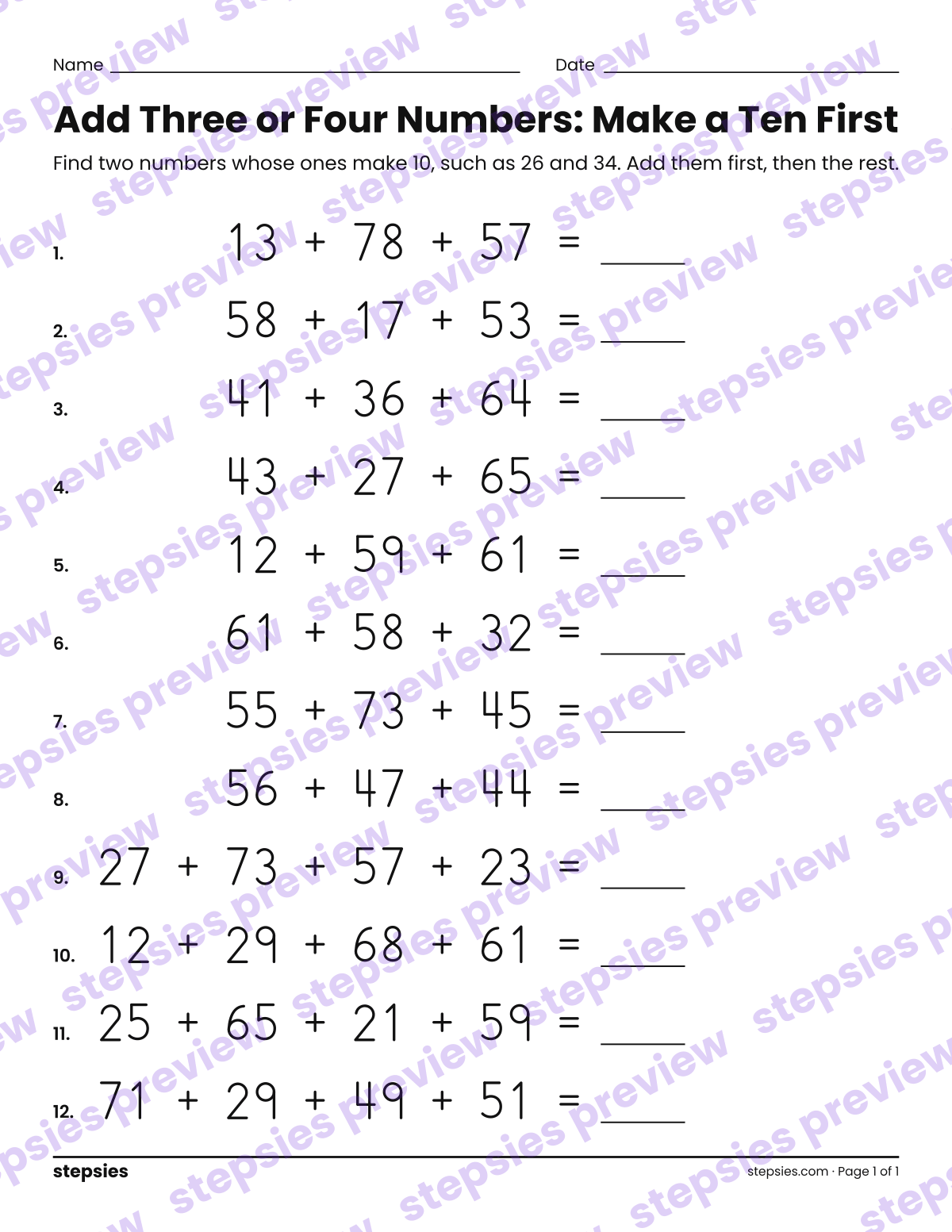 Add Three or Four Numbers: Make a Ten First: page 1 of a printable Grade 2 Math worksheet