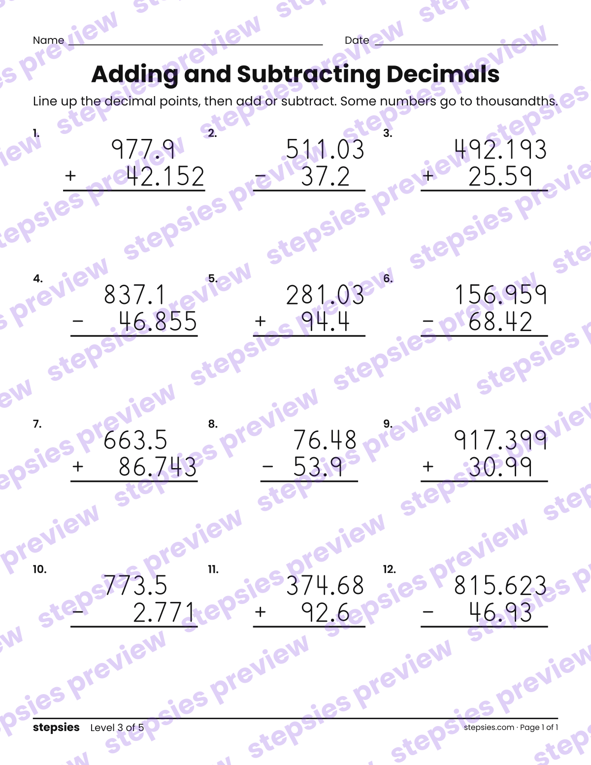 Adding and Subtracting Decimals: page 1 of a printable Grades 5 and 6 Math worksheet